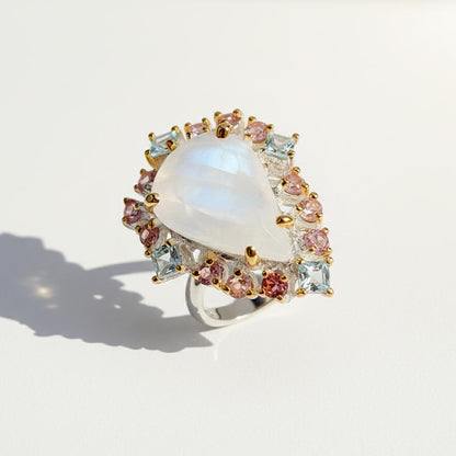 925 Sterling Silver Rainbow Moonstone Halo Ring