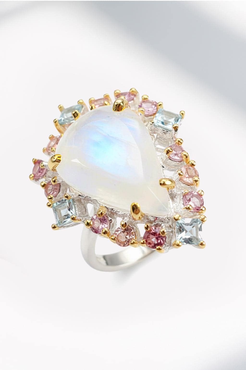 925 Sterling Silver Rainbow Moonstone Halo Ring
