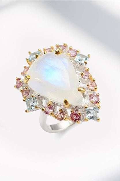 925 Sterling Silver Rainbow Moonstone Halo Ring