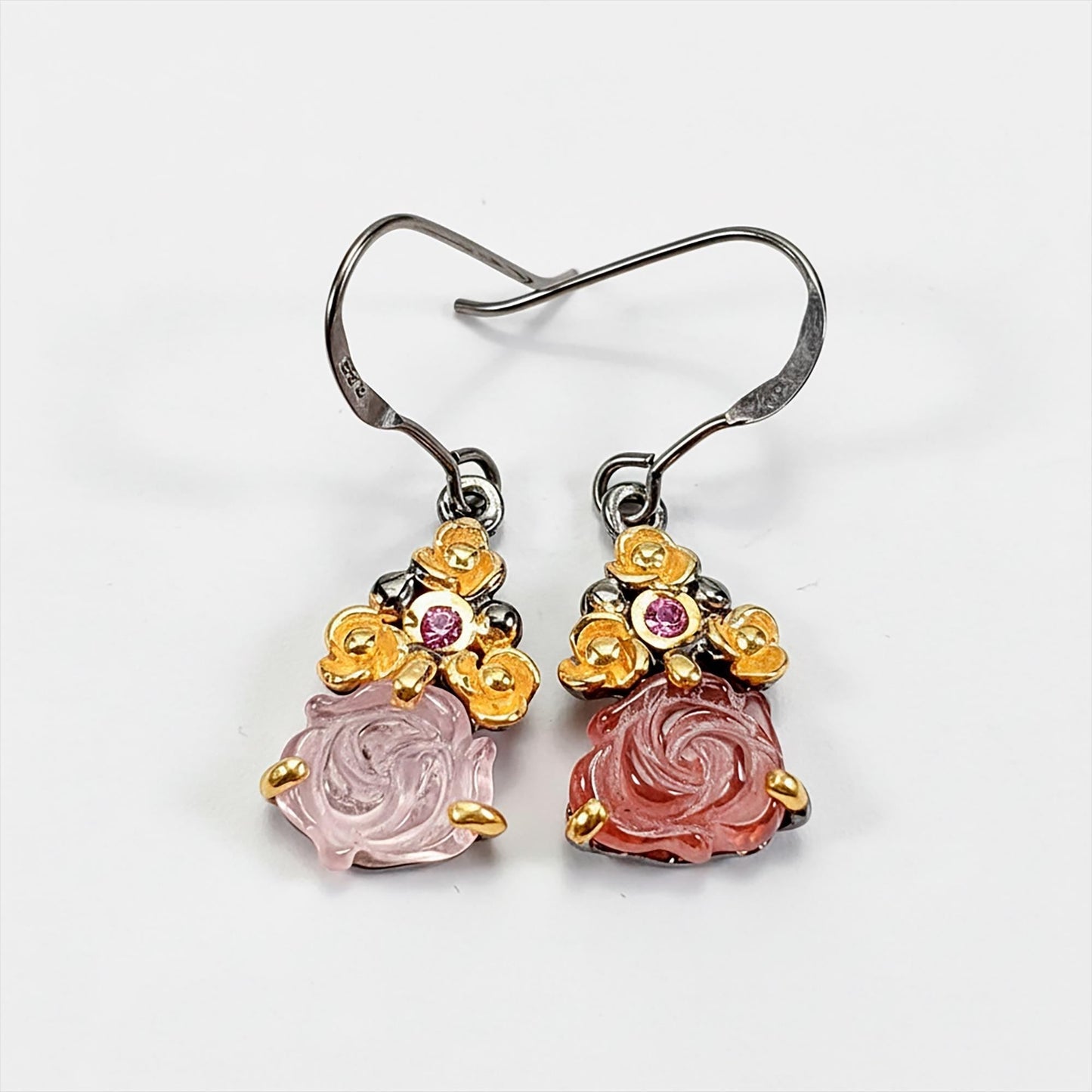 925 sterling silver carved tourmaline rose earrings