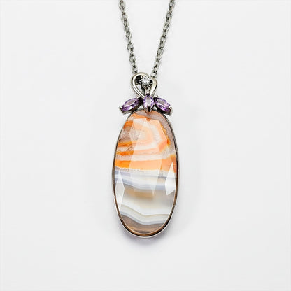 925 Sterling Silver Orange Agate Oval Necklace