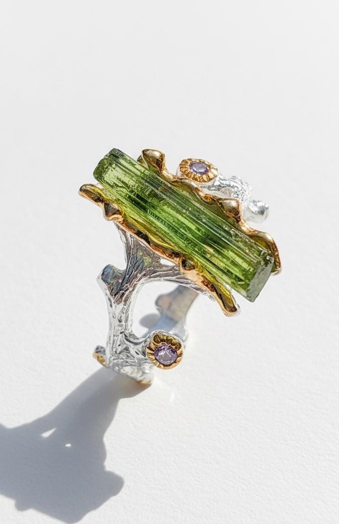 925 Sterling Silver Raw Tourmaline Branch Ring