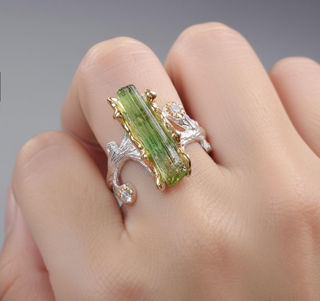 925 Sterling Silver Raw Tourmaline Branch Ring