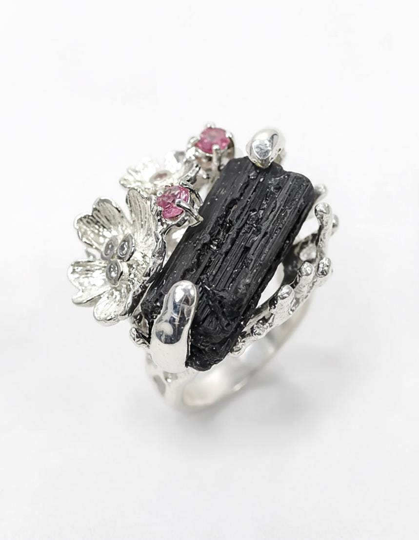 925 Sterling Silver Raw Black Tourmaline Flower Ring