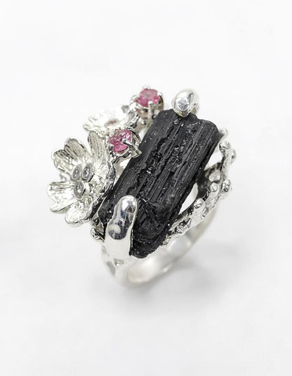925 Sterling Silver Raw Black Tourmaline Flower Ring