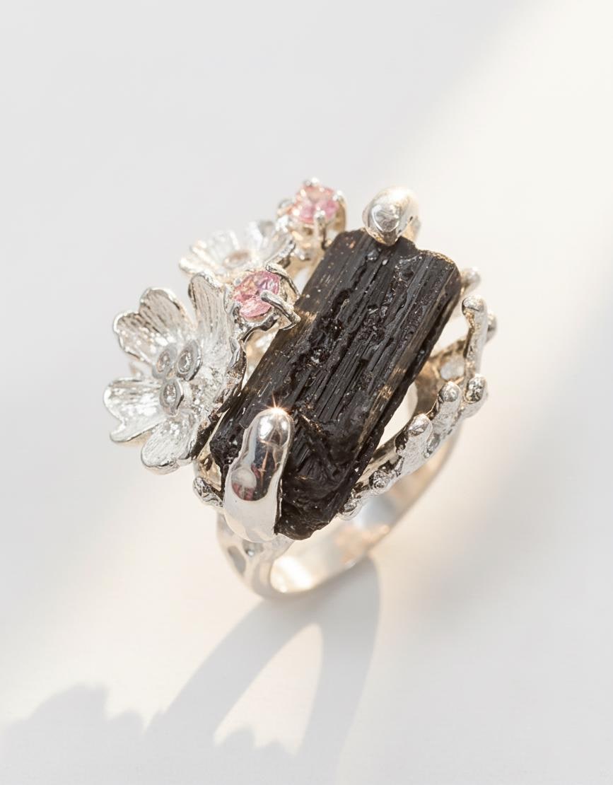 925 Sterling Silver Raw Black Tourmaline Flower Ring