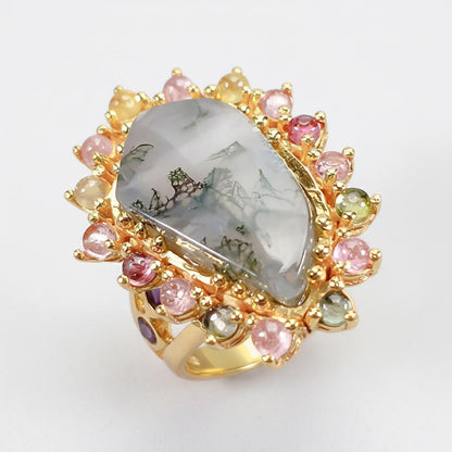 925 Sterling Silver Moss Agate Statement Ring