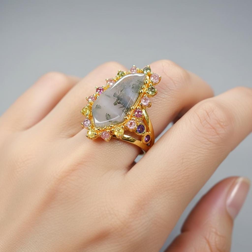 925 Sterling Silver Moss Agate Statement Ring
