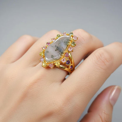 925 Sterling Silver Moss Agate Statement Ring