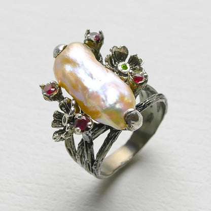 925 Sterling Silver Raw Pearl Branch Ring