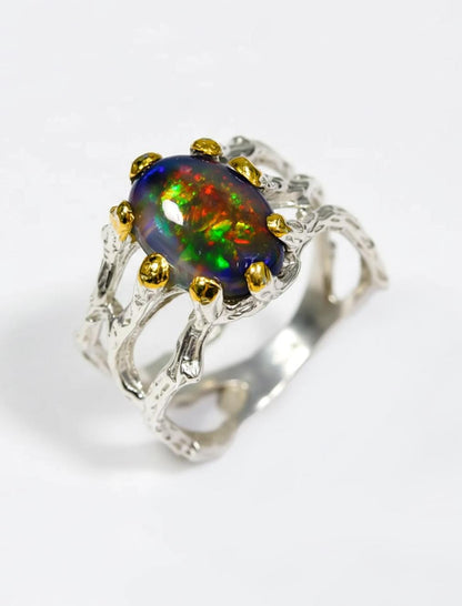 925 Sterling Silver Black Opal Branch Ring