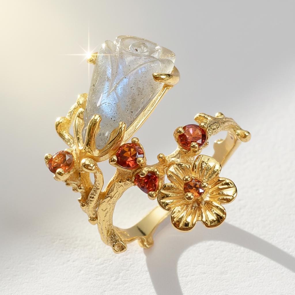 925 Sterling Silver Labradorite Rose Ring