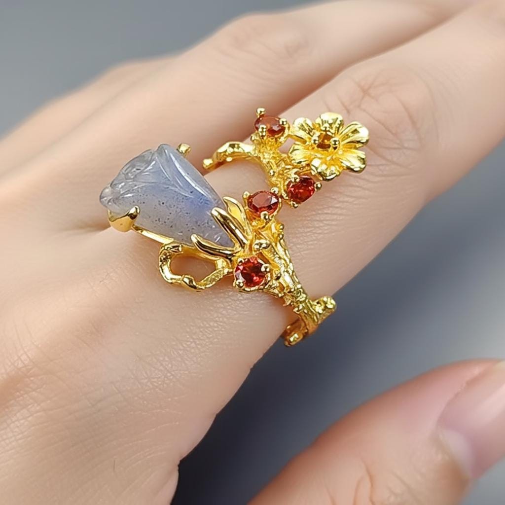 925 Sterling Silver Labradorite Rose Ring