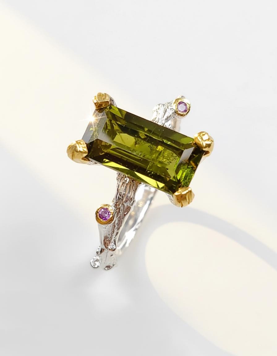 925 Sterling Silver Green Tourmaline Dainty Ring