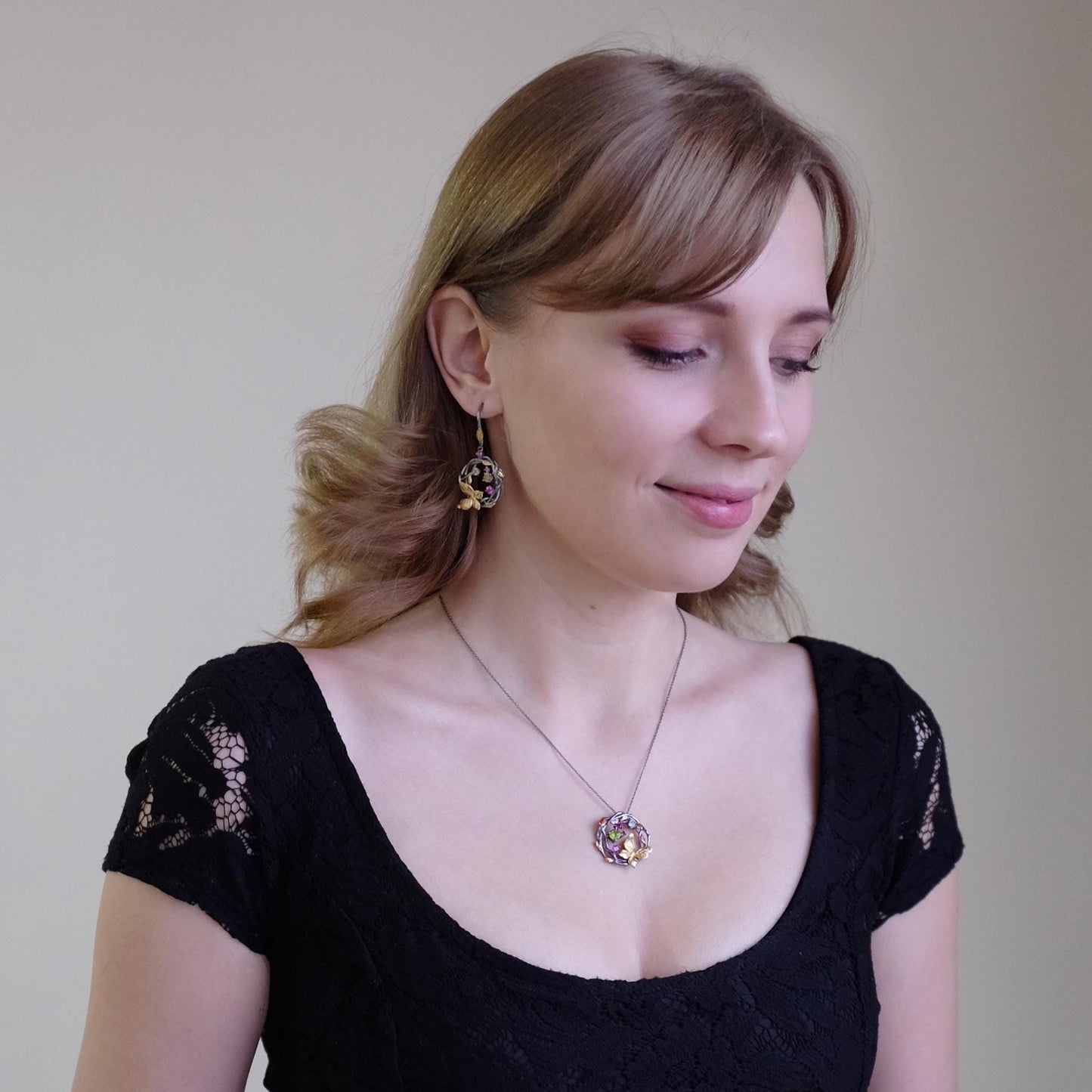 925 Sterling Silver Peridot Amethyst Butterfly Necklace