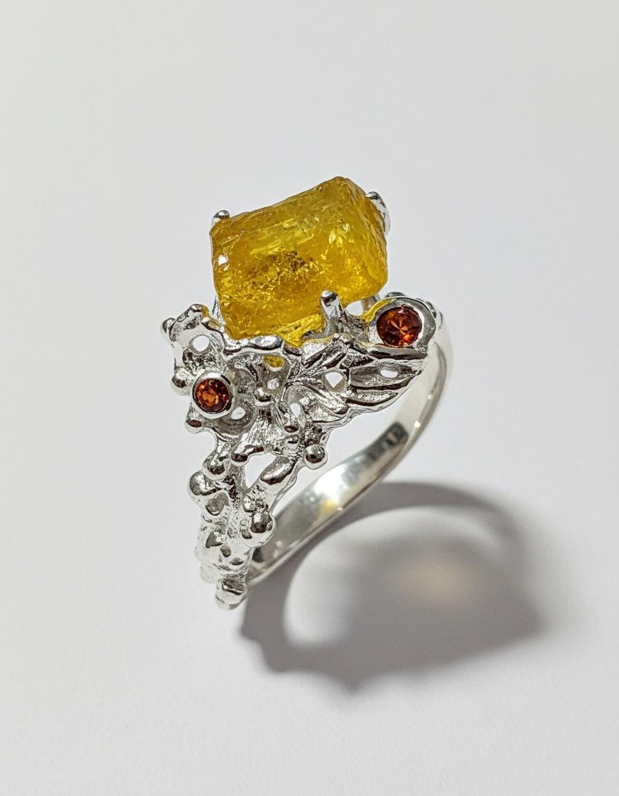 925 Sterling Silver Raw Yellow Stone Ring