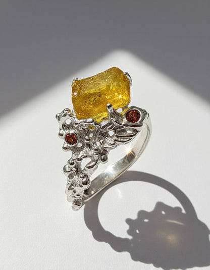 925 Sterling Silver Raw Yellow Stone Ring