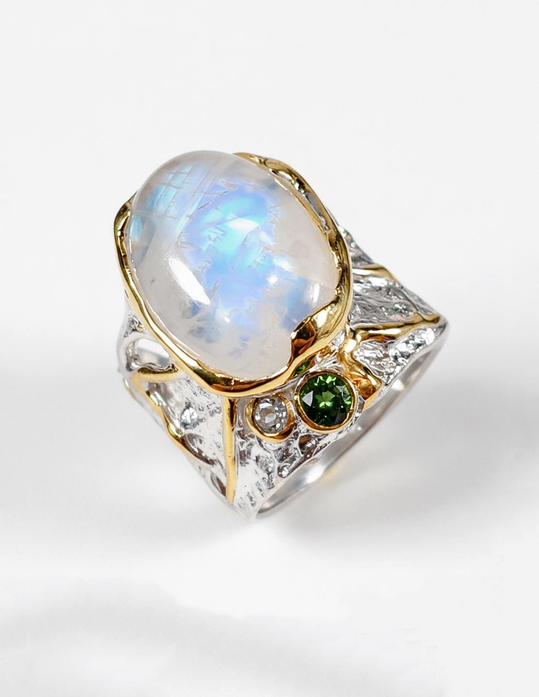 925 Sterling Silver Rainbow Moonstone Wide Band Ring