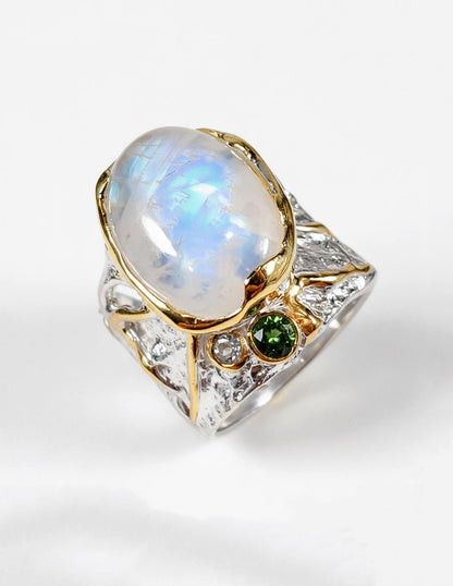 925 Sterling Silver Rainbow Moonstone Wide Band Ring