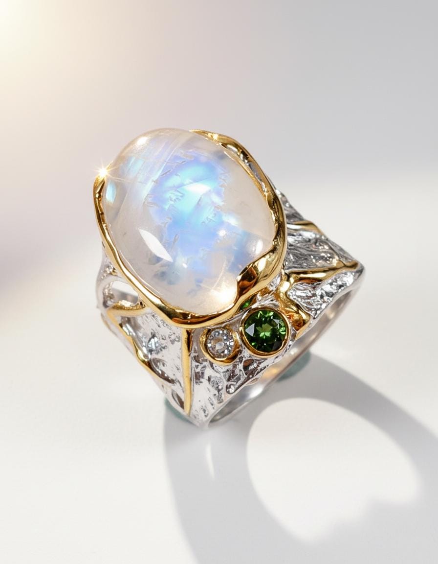 925 Sterling Silver Rainbow Moonstone Wide Band Ring