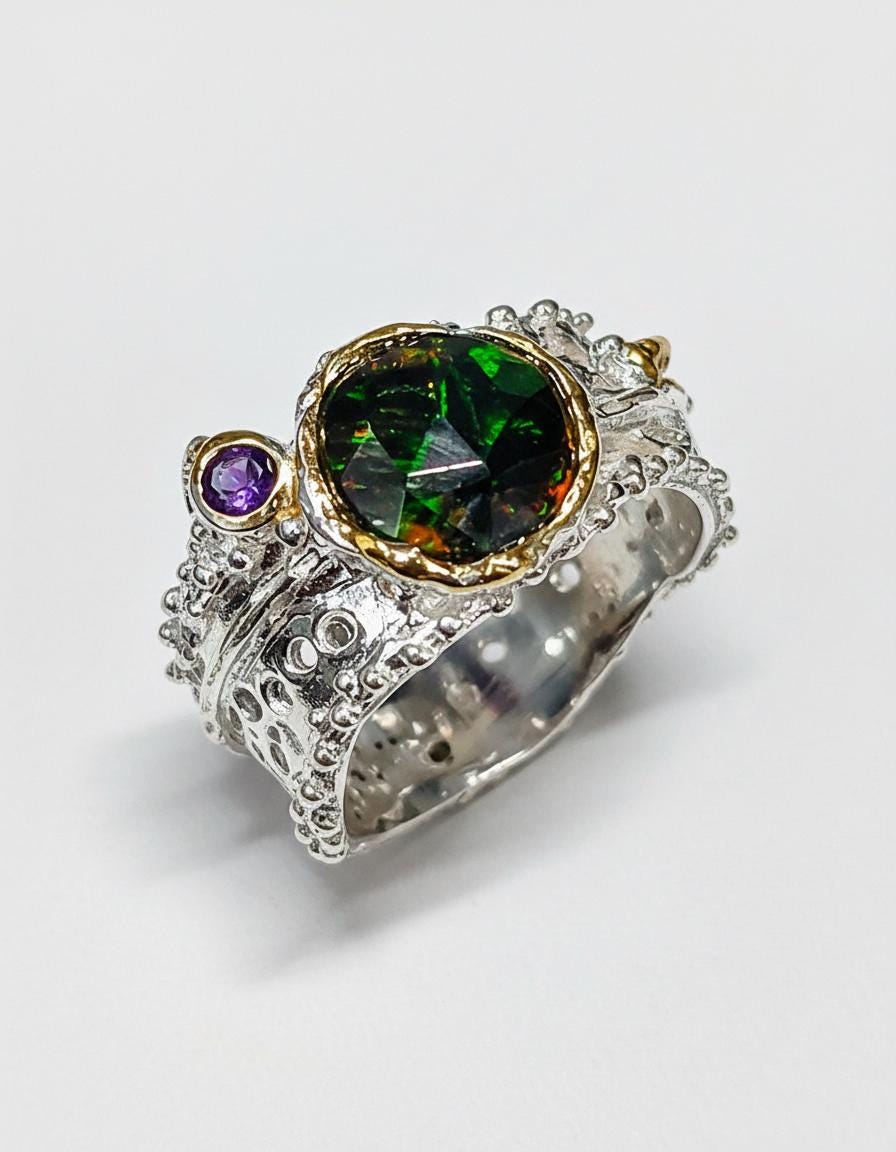 925 Sterling Silver Black Opal Wide Band Ring
