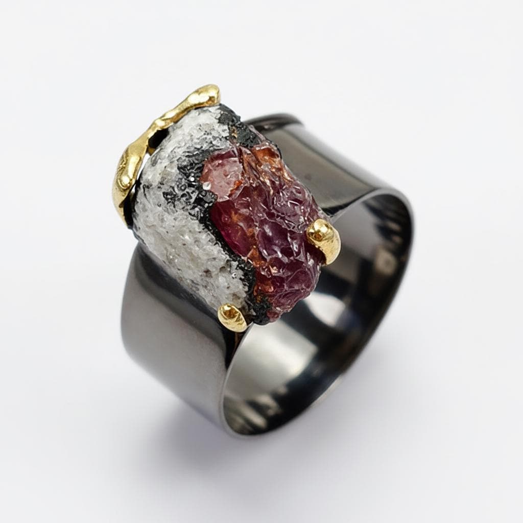925 Sterling Silver Raw Red Ruby Wide Band Ring