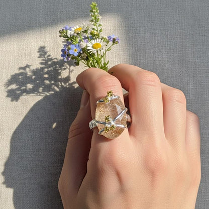 925 Sterling Silver Angel Hair Quartz Statement Ring