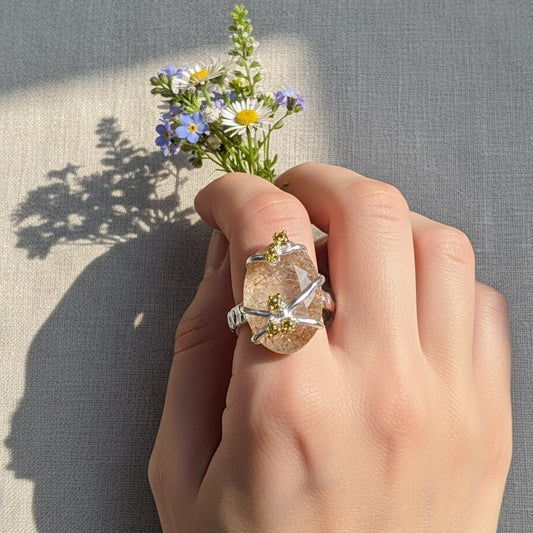 925 Sterling Silver Angel Hair Quartz Statement Ring