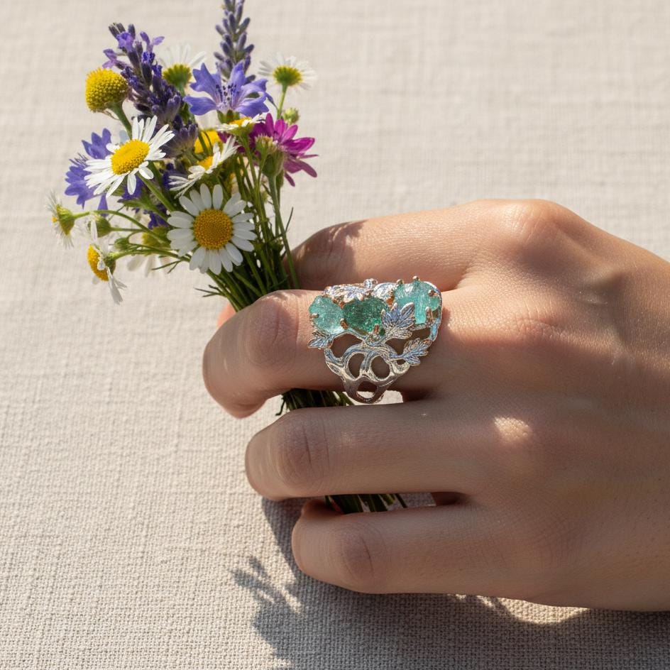 925 Sterling Silver Raw Apatite Statement Ring