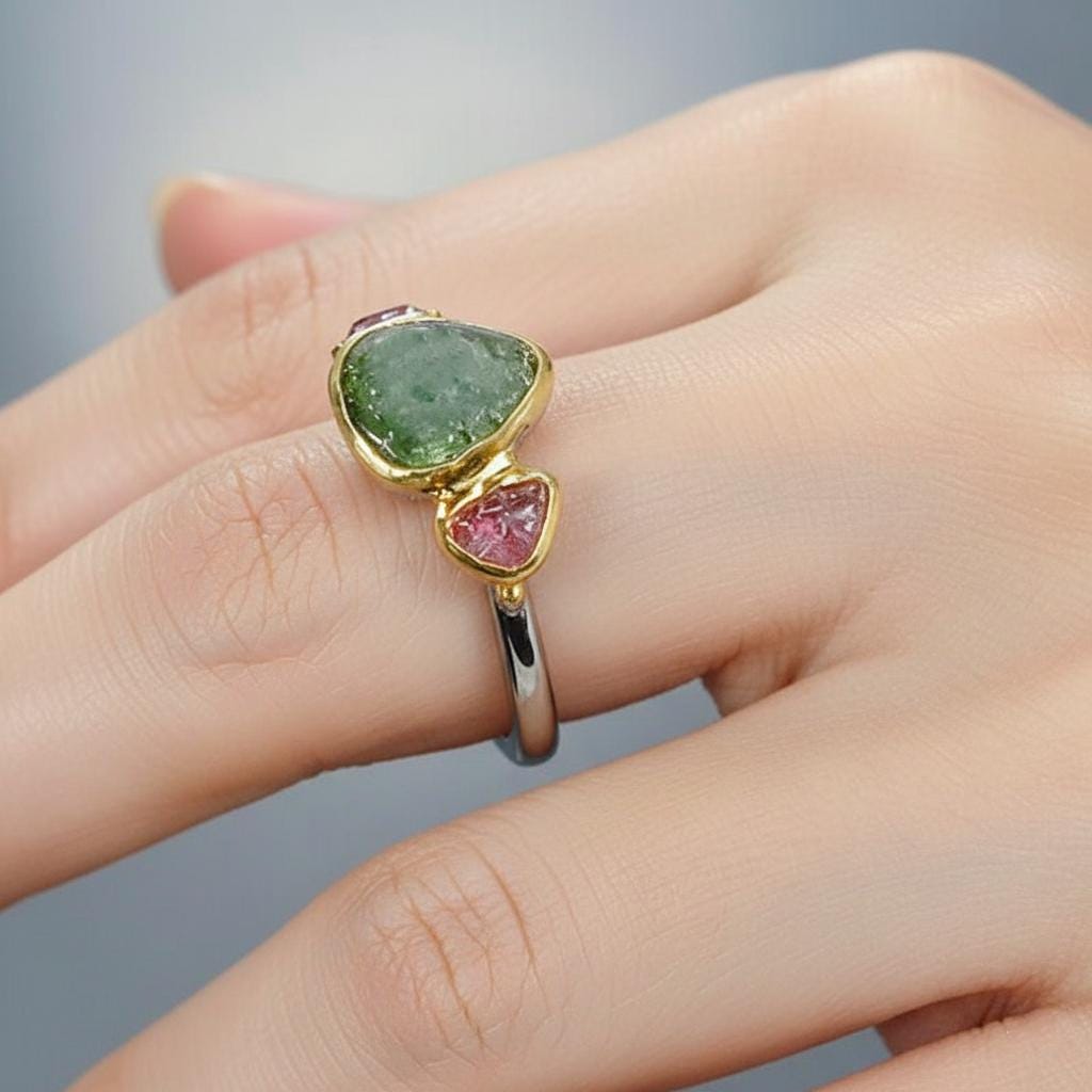 925 Sterling Silver Green Pink Tourmaline Ring