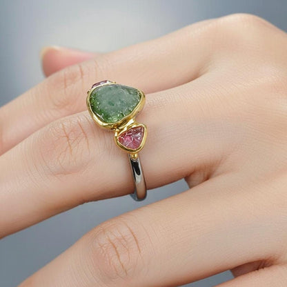 925 Sterling Silver Green Pink Tourmaline Ring