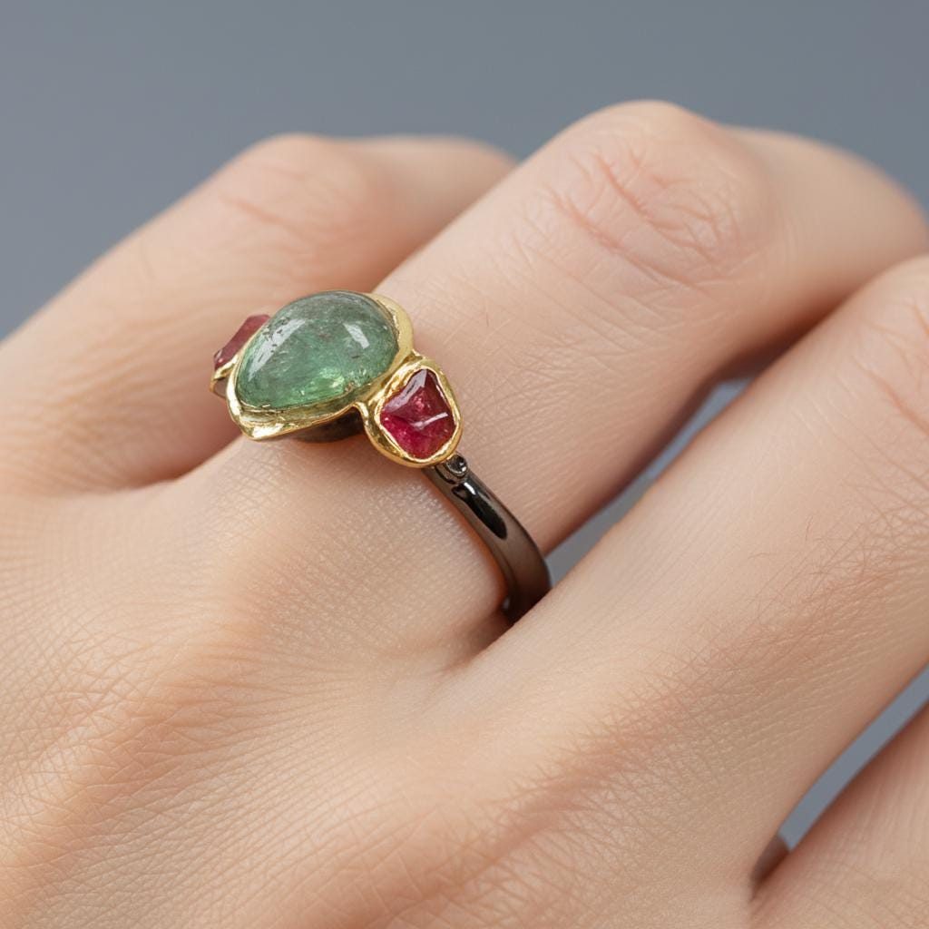 925 Sterling Silver Green Pink Tourmaline Ring