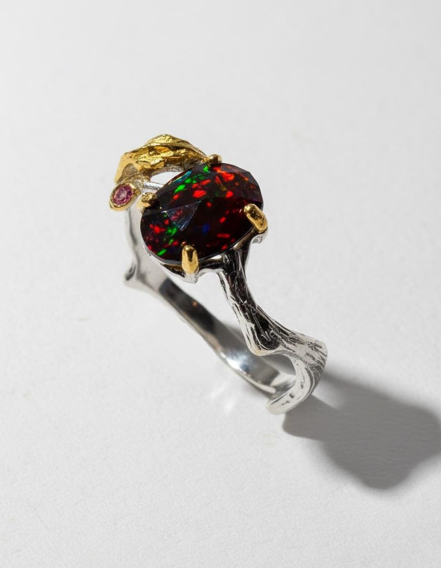 925 Sterling Silver Black Opal Branch Leaf Ring