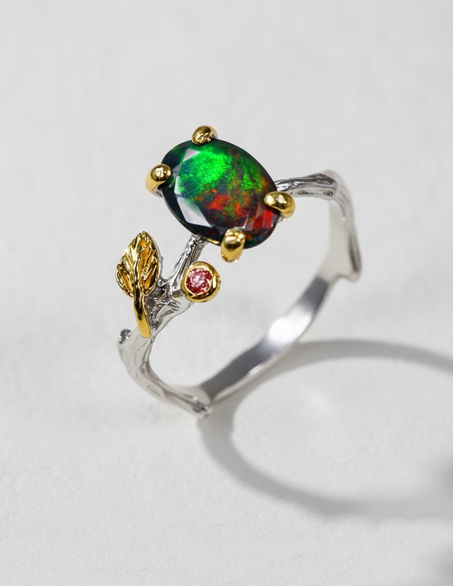 925 Sterling Silver Black Opal Branch Leaf Ring