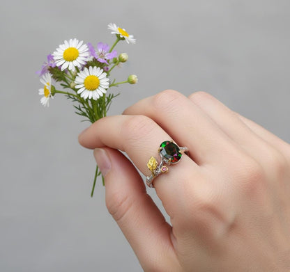 925 Sterling Silver Black Opal Branch Leaf Ring