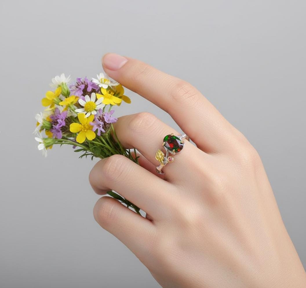 925 Sterling Silver Black Opal Branch Leaf Ring