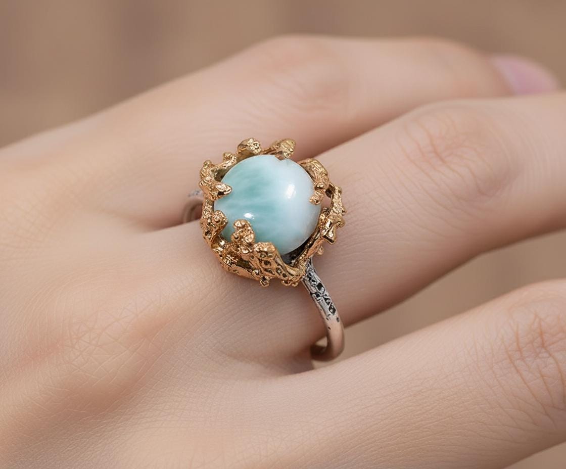 925 Sterling Silver Larimar Mixed Metal Ring