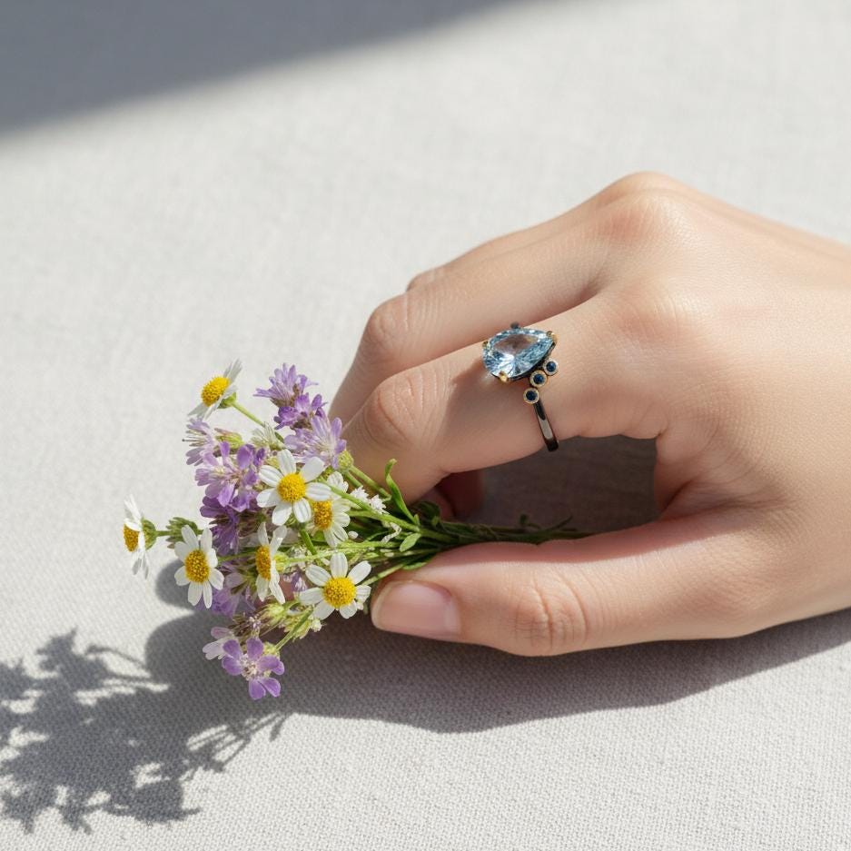 925 Sterling Silver Aquamarine Pear Ring