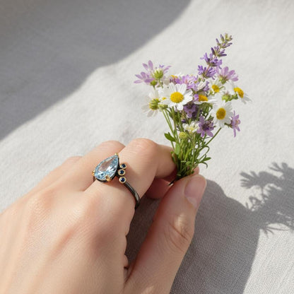 925 Sterling Silver Aquamarine Pear Ring