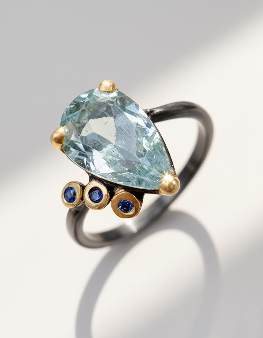 925 Sterling Silver Aquamarine Pear Ring