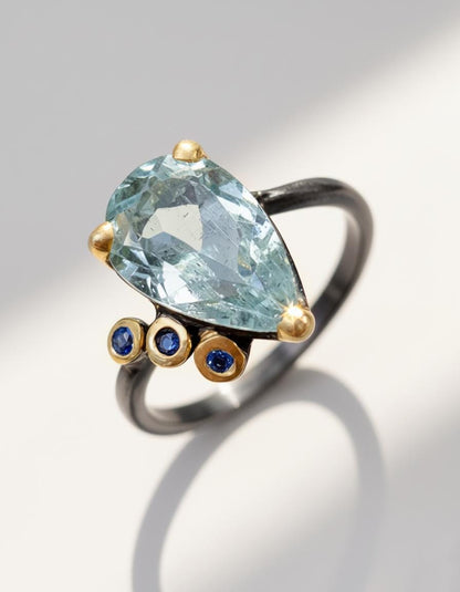 925 Sterling Silver Aquamarine Pear Ring