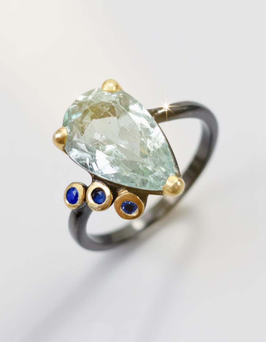 925 Sterling Silver Aquamarine Pear Ring