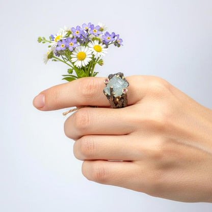 925 sterling silver aquamarine rough black ring