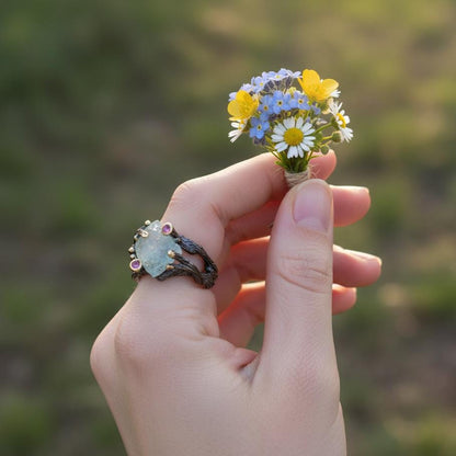 925 sterling silver aquamarine rough black ring