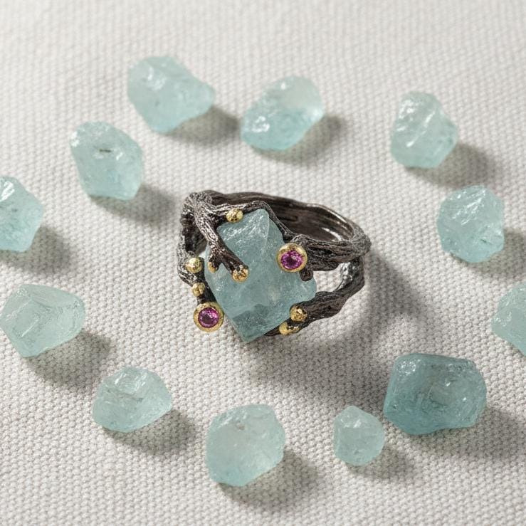 925 sterling silver aquamarine rough black ring
