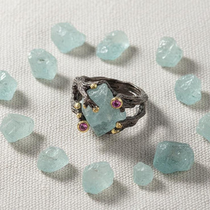 925 sterling silver aquamarine rough black ring