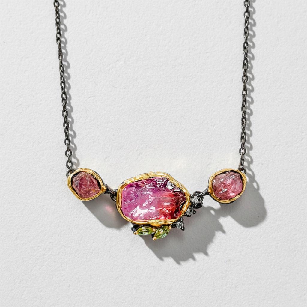 925 sterling silver pink ruby rough bar necklace