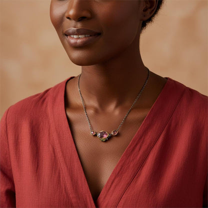 925 sterling silver pink ruby rough bar necklace