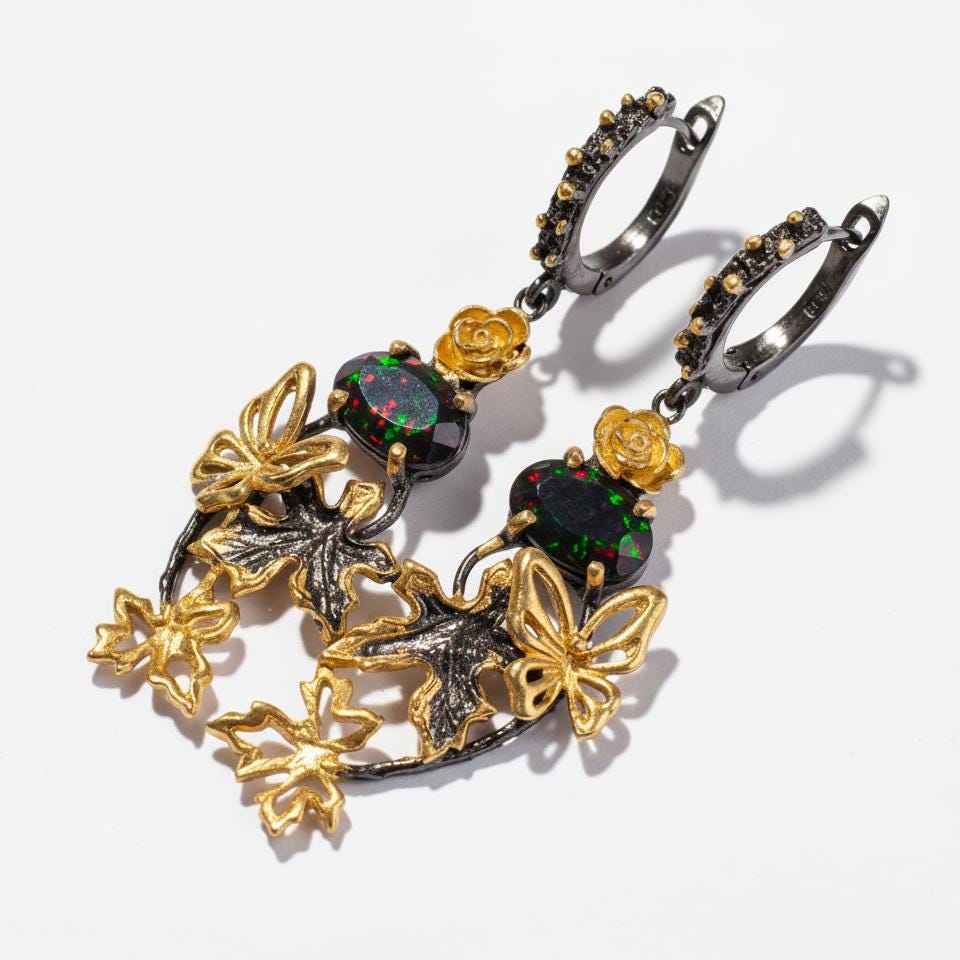 925 Sterling Silver Black Opal Fantasy Earrings