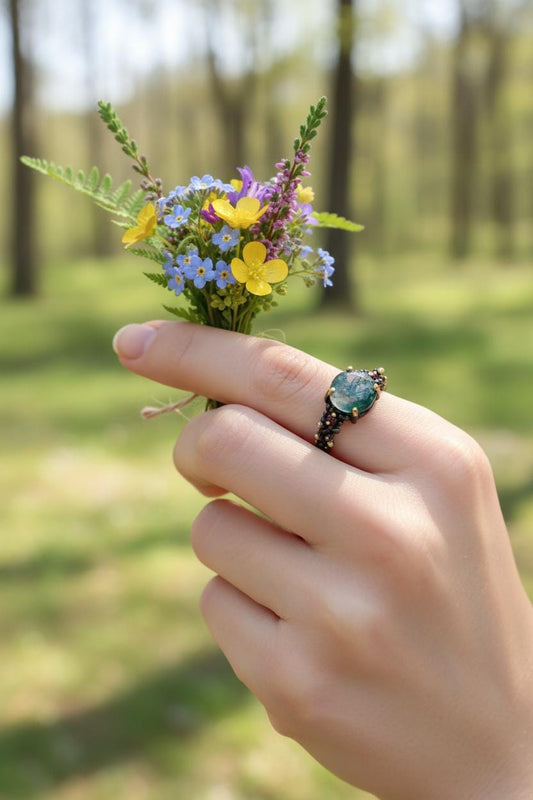 925 Sterling Silver Moss Agate Round Ring